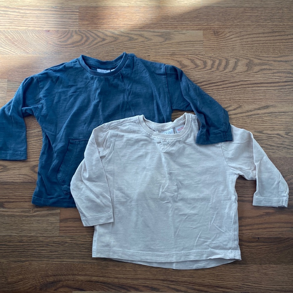 Zara 12-18mo long sleeve tee shirts (2) in dark teal and cream